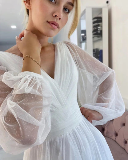 Fabulous Long White A-line V-neck Long Sleeves Glitter Wedding Dress With Slit