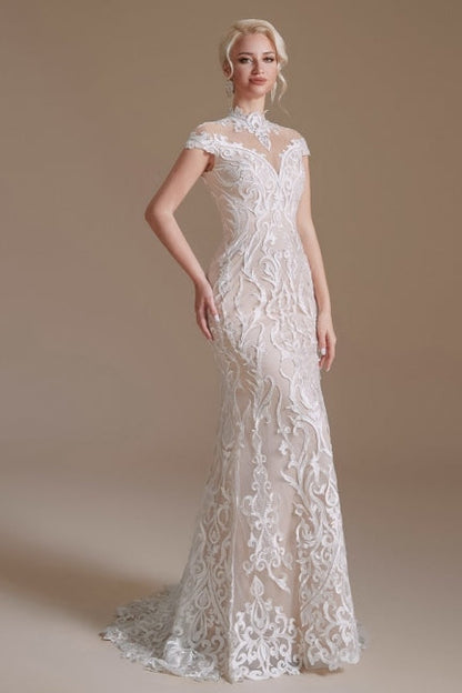 Fabulous Off-the-shoulder Sleeveless Mermaid Floor-Length Lace Wedding Dresses with Pattern