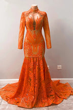 Fabulous Orange Halter Appliques Lace Long Sleeve Mermaid Prom Dresses