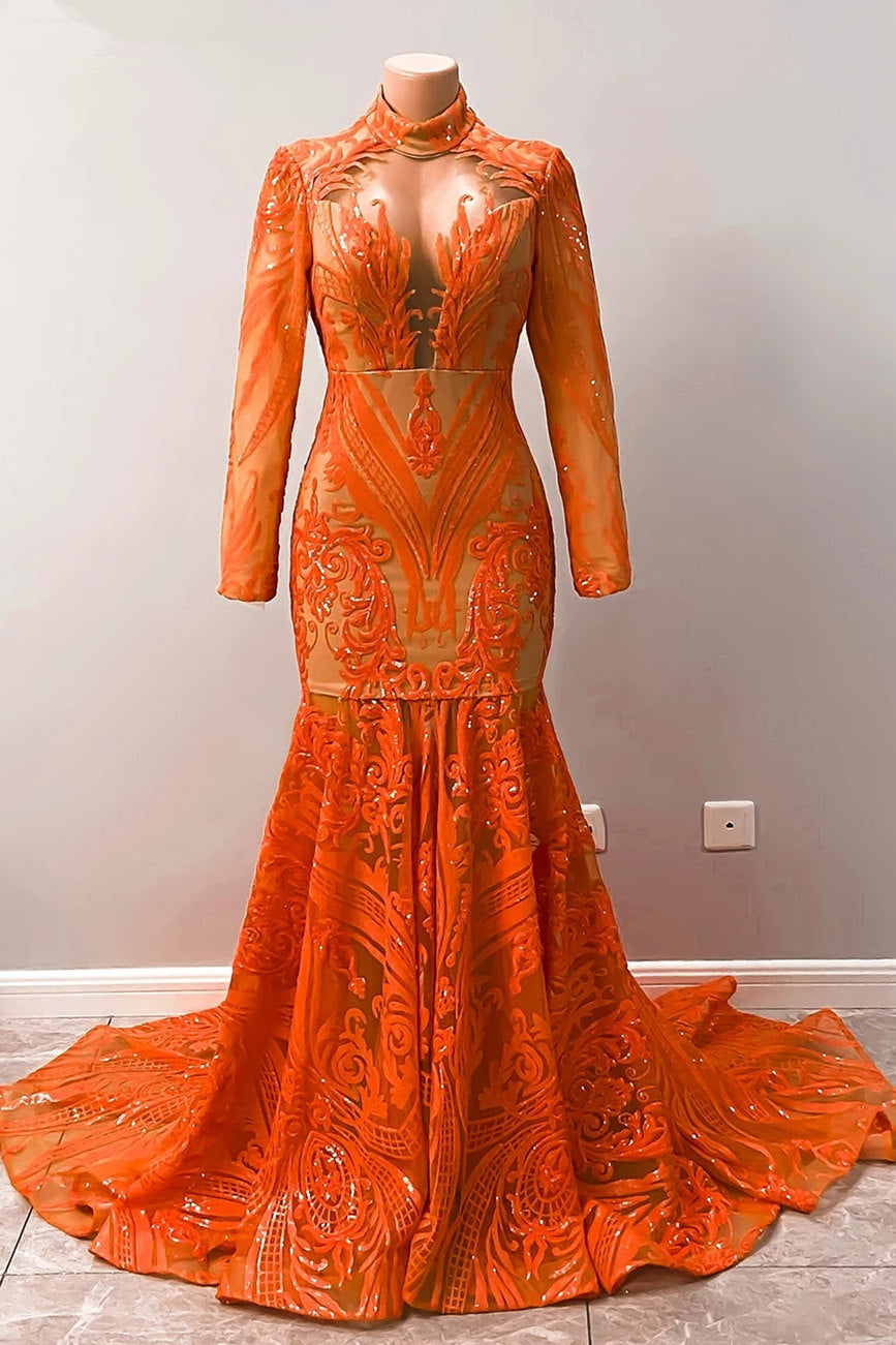 Fabulosos vestidos de fiesta de sirena con mangas largas, encaje y apliques halter en color naranja