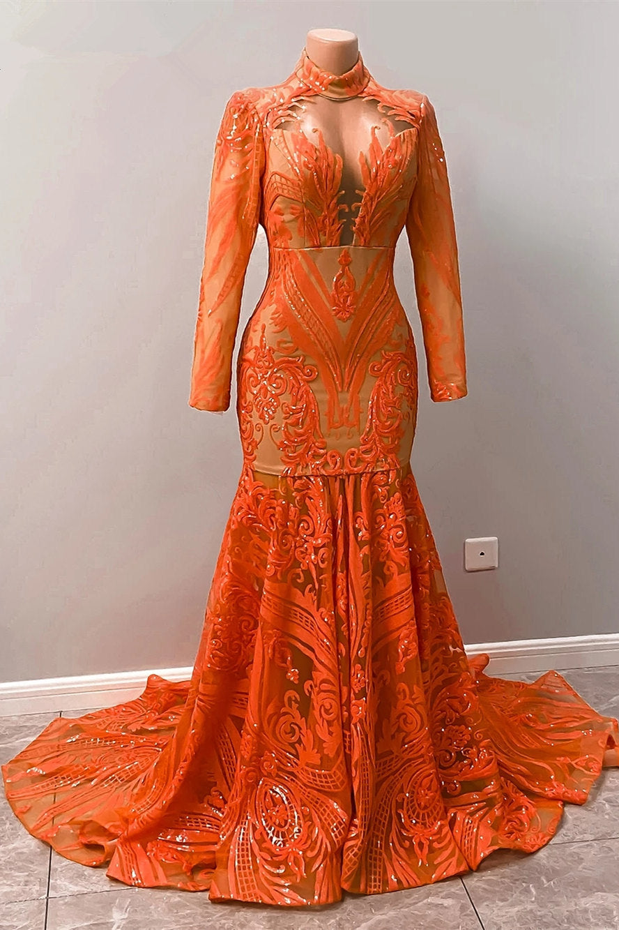 Fabulosos vestidos de fiesta de sirena con mangas largas, encaje y apliques halter en color naranja