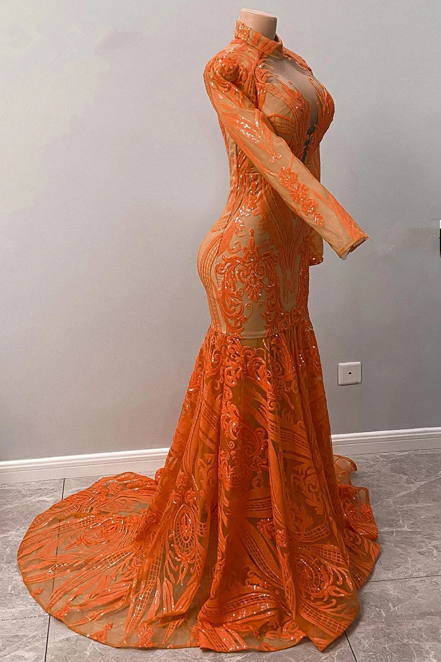 Fabulosos vestidos de fiesta de sirena con mangas largas, encaje y apliques halter en color naranja