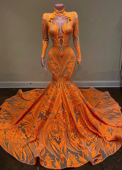 Fabulosos vestidos de fiesta de sirena con mangas largas, encaje y apliques halter en color naranja