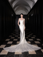 Vestido de fiesta elegante de sirena en satén blanco de gasa, vestido de novia largo sin tirantes Y8591