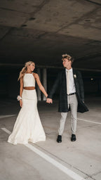 Vestido de fiesta elegante de dos piezas con corte sirena y encaje blanco Y489