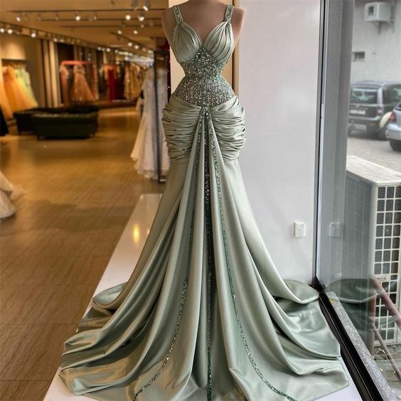 Vestido de fiesta verde, vestidos de fiesta con escote corazón, vestidos de fiesta plisados, vestidos de fiesta con cristales, vestidos de noche con cuentas, vestidos de fiesta recién llegados Y517