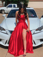 Rotes Satin Langes Ballkleid, Abendkleider mit Schlitz vorne, Bodenlange Ballkleider Y516