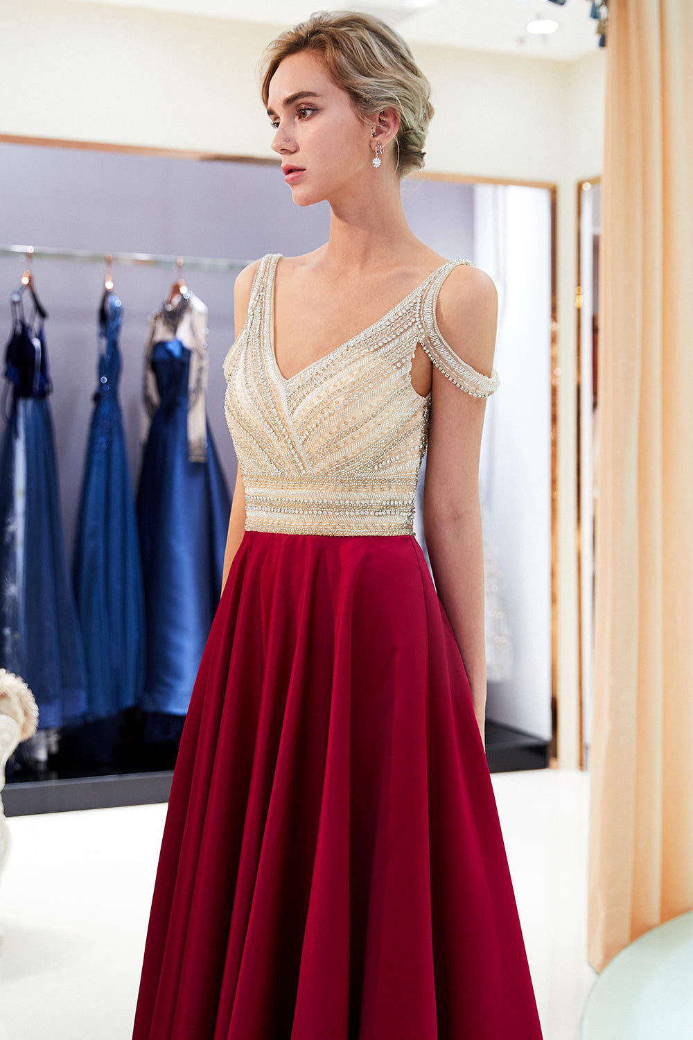 Fascinating Long A-line V-neck Beaded Stretch Satin Evening Dresses