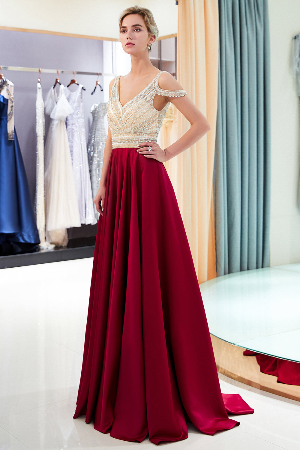 Fascinating Long A-line V-neck Beaded Stretch Satin Evening Dresses