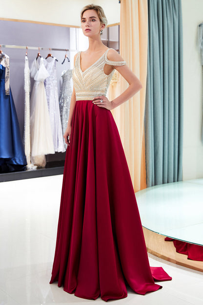Fascinating Long A-line V-neck Beaded Stretch Satin Evening Dresses