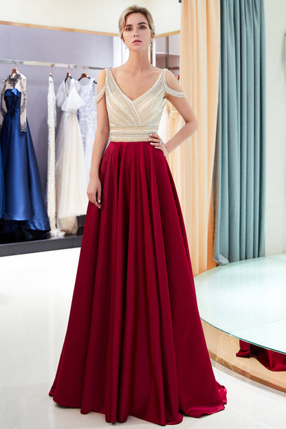 Fascinating Long A-line V-neck Beaded Stretch Satin Evening Dresses