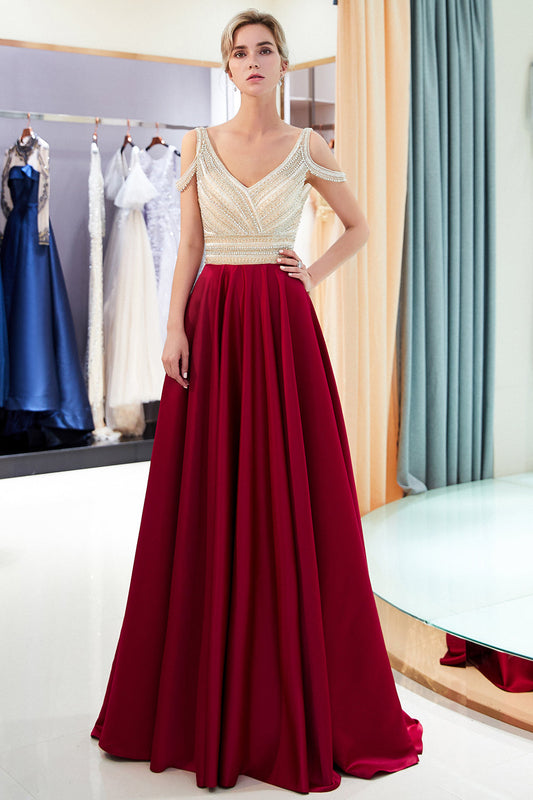 Fascinating Long A-line V-neck Beaded Stretch Satin Evening Dresses