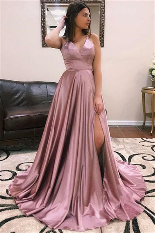 Faszinierendes langes A-Linien-Ballkleid aus Satin mit V-Ausschnitt, offenem Rücken und Schlitz vorne