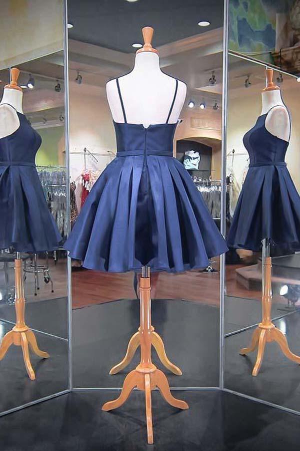 Vestidos de fiesta de satén azul marino con tirantes finos 2023 PD040