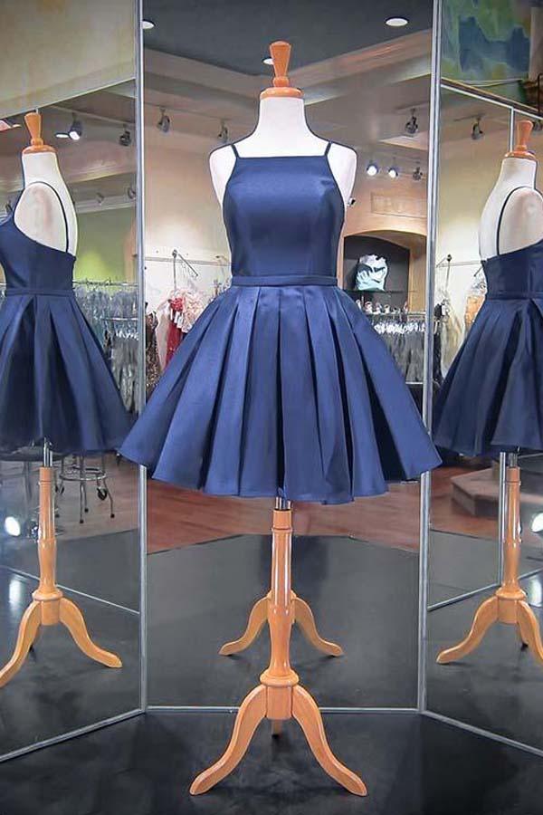 Vestidos de fiesta de satén azul marino con tirantes finos 2023 PD040