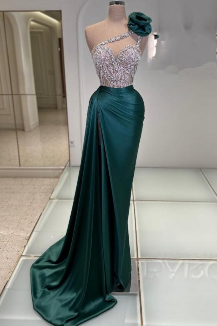 Modisches langes dunkelgrünes One-Shoulder-Juwelen-ärmelloses Ballkleid