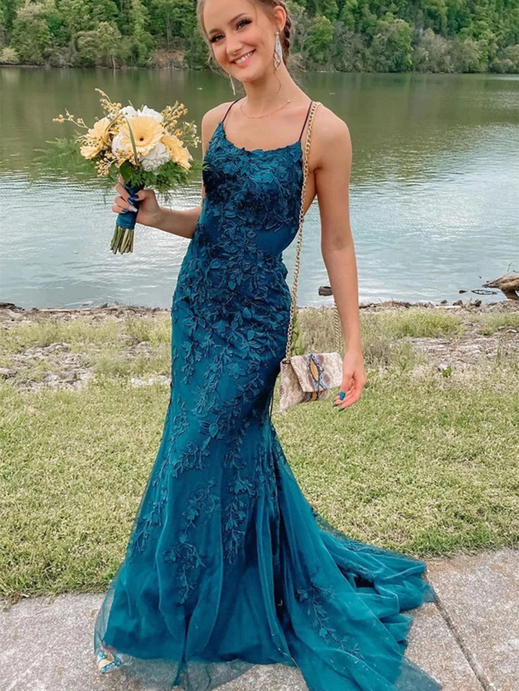 Vestido de fiesta largo de sirena con encaje y espalda descubierta, de moda, modesto y formal, para noche.