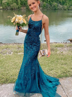 Vestido de fiesta largo de sirena con encaje y espalda descubierta, de moda, modesto y formal, para noche.