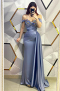Vestido de fiesta largo de sirena con hombros descubiertos, lentejuelas y volantes