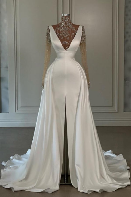 Modisches langes weißes A-Linien-Ballkleid mit hohem Halsausschnitt, Spitze, Glitzer, Schlitz vorne und langen Ärmeln