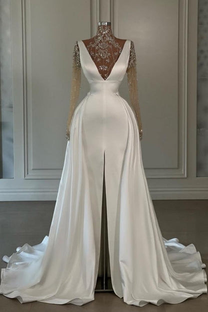 Modisches langes weißes A-Linien-Ballkleid mit hohem Halsausschnitt, Spitze, Glitzer, Schlitz vorne und langen Ärmeln