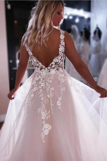 Fashion Straps A-Line Backless V-neck Wedding Dress With Lace