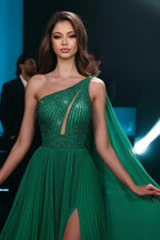 Modisches langes smaragdgrünes A-Linie One-Shoulder-Chiffon-Ballkleid mit Perlenbesatz und Schlitz