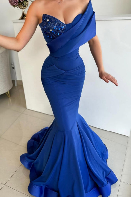 Modisches langes königsblaues Meerjungfrau-Abendkleid mit einer Schulter und Pailletten