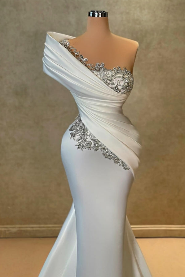 Modisches langes weißes One-Shoulder-Meerjungfrau-Spitzen-Satin-Ballkleid mit Strass