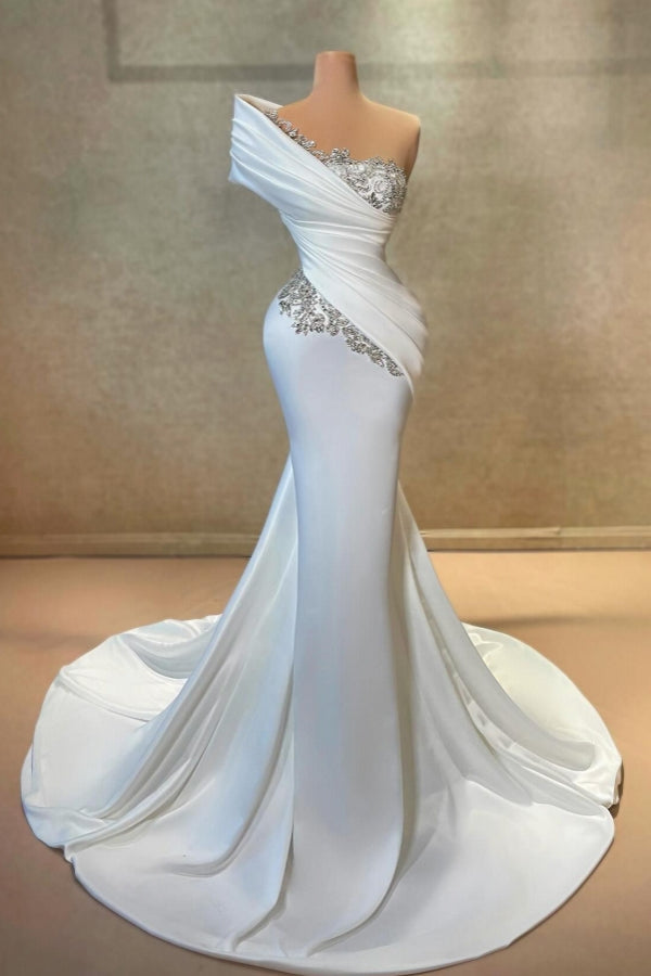 Modisches langes weißes One-Shoulder-Meerjungfrau-Spitzen-Satin-Ballkleid mit Strass