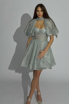 Vestidos de fiesta cortos con purpurina plateada y mangas cortas a la moda