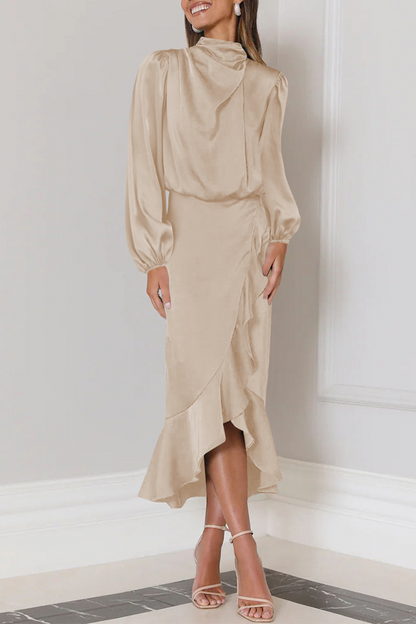 Elegant Solid Flounce Fold Turtleneck Evening Dress