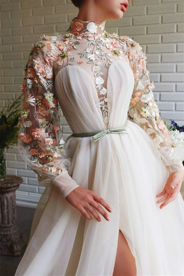 White Long Sleeves A-line High Neck Tulle Flower Mermaid Prom Dresses with Slit