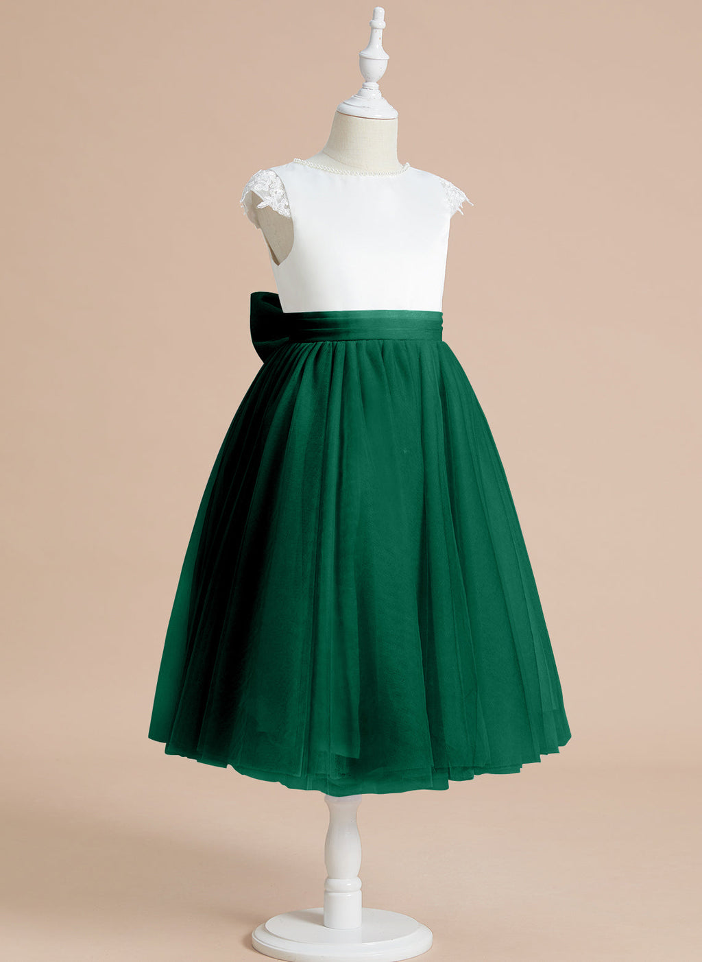 Vestido de niña de las flores de primera comunión de tul satinado con corte en A y largo hasta la rodilla