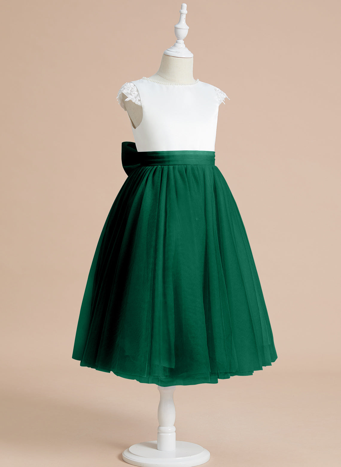 Vestido de niña de las flores de primera comunión de tul satinado con corte en A y largo hasta la rodilla