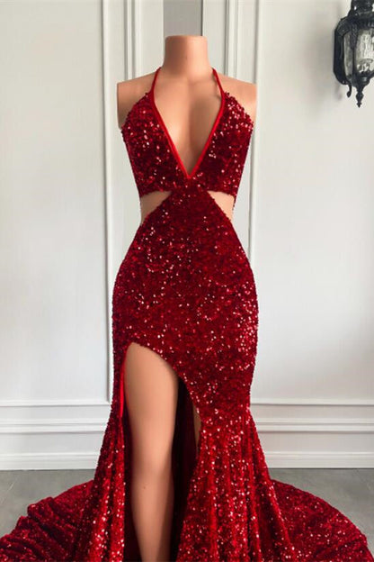 Rotes Neckholder-Ballkleid mit V-Ausschnitt und Pailletten im bodenlangen Meerjungfrau-Stil