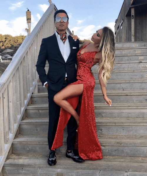 Spaghetti Straps Side Split V-Neck Red Sequins Backless Prom Dress
