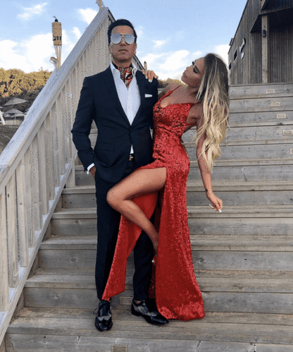 Spaghetti Straps Side Split V-Neck Red Sequins Backless Prom Dress