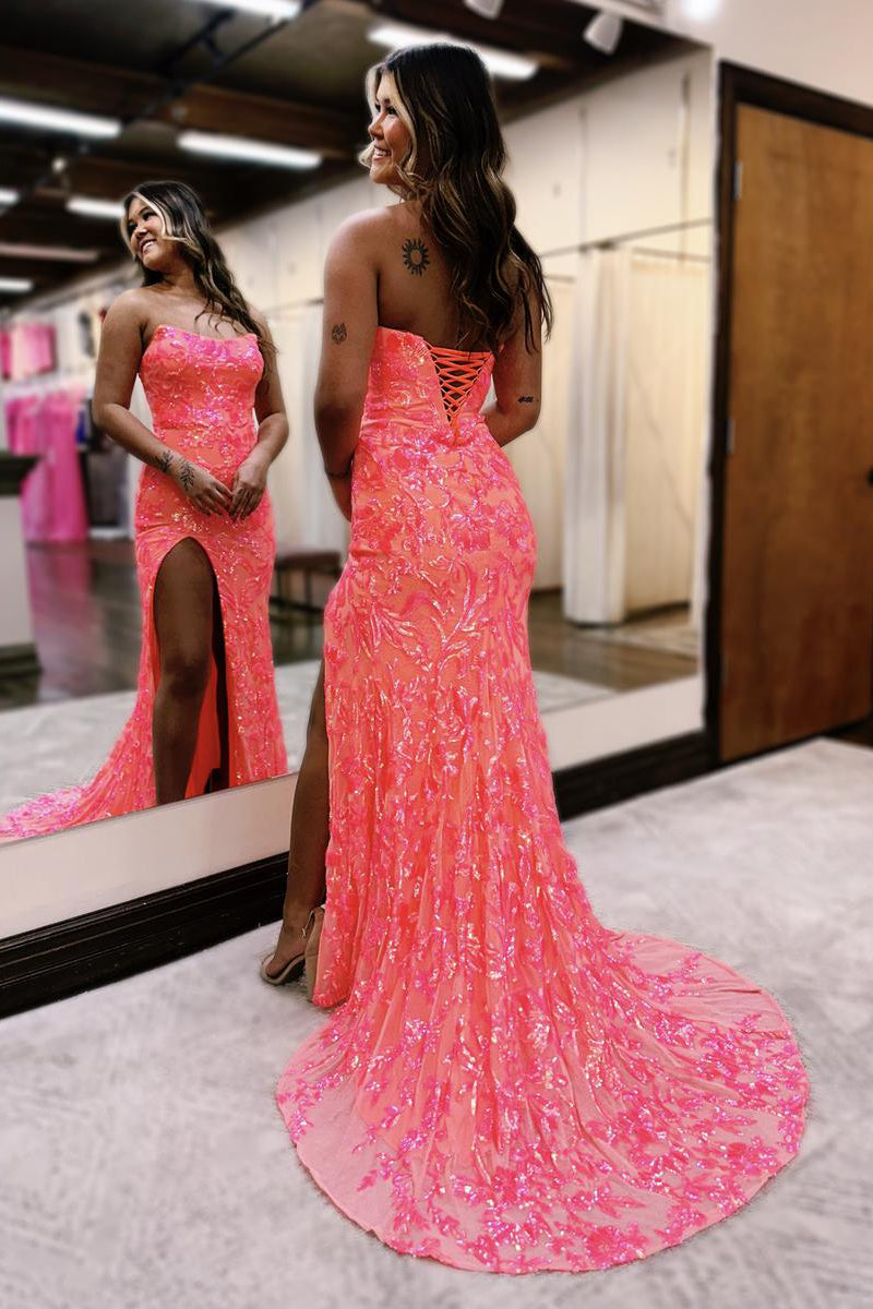 Vestidos de fiesta de sirena con encaje, lentejuelas y abertura, color fucsia, sin tirantes