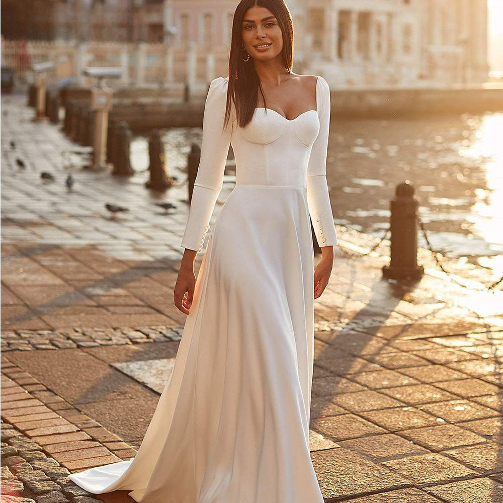 Satin Wedding Dresses For Bride With Long Sleeves Simple Sexy Bridal Gowns Sweetheart A Line Button Robe De Mariee-payinti