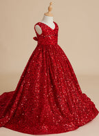 Deslumbrante vestido de princesa con lentejuelas rojas, escote en V y cola de corte para niñas