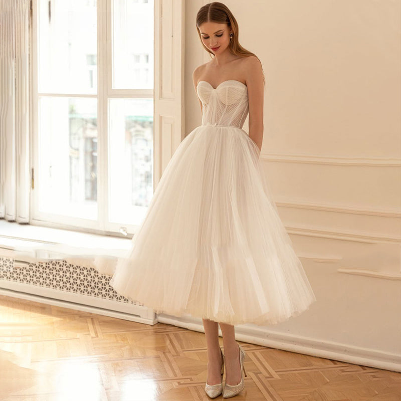 Romantic Strapless Sleeveless A-line Wedding Dress Sexy Backless Short Robe De Soirée Elegant Tulle Bow Bridal Gown-payinti