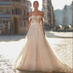 Classical Sweetheart A Line Wedding Dress Backless Lace Appliques Off The Shoulder Bridal Gowns Sweep Train-payinti