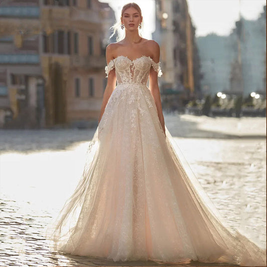 Classical Sweetheart A Line Wedding Dress Backless Lace Appliques Off The Shoulder Bridal Gowns Sweep Train-payinti