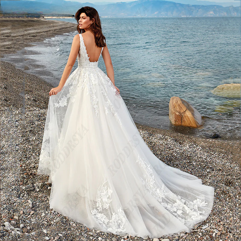 Elegant A-line Wedding Dress For Women Dreamy V-Neck Backless Bride Party Vintage Tulle Vestido De Noiva Minimalistas-payinti