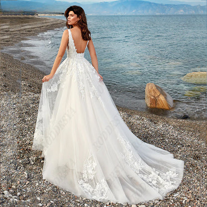 Elegant A-line Wedding Dress For Women Dreamy V-Neck Backless Bride Party Vintage Tulle Vestido De Noiva Minimalistas-payinti