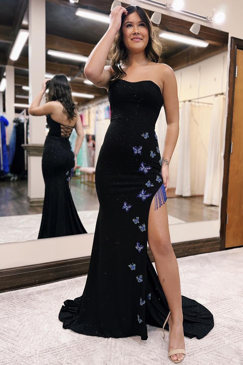 Maren | Vestido de fiesta sirena sin tirantes con purpurina y flecos