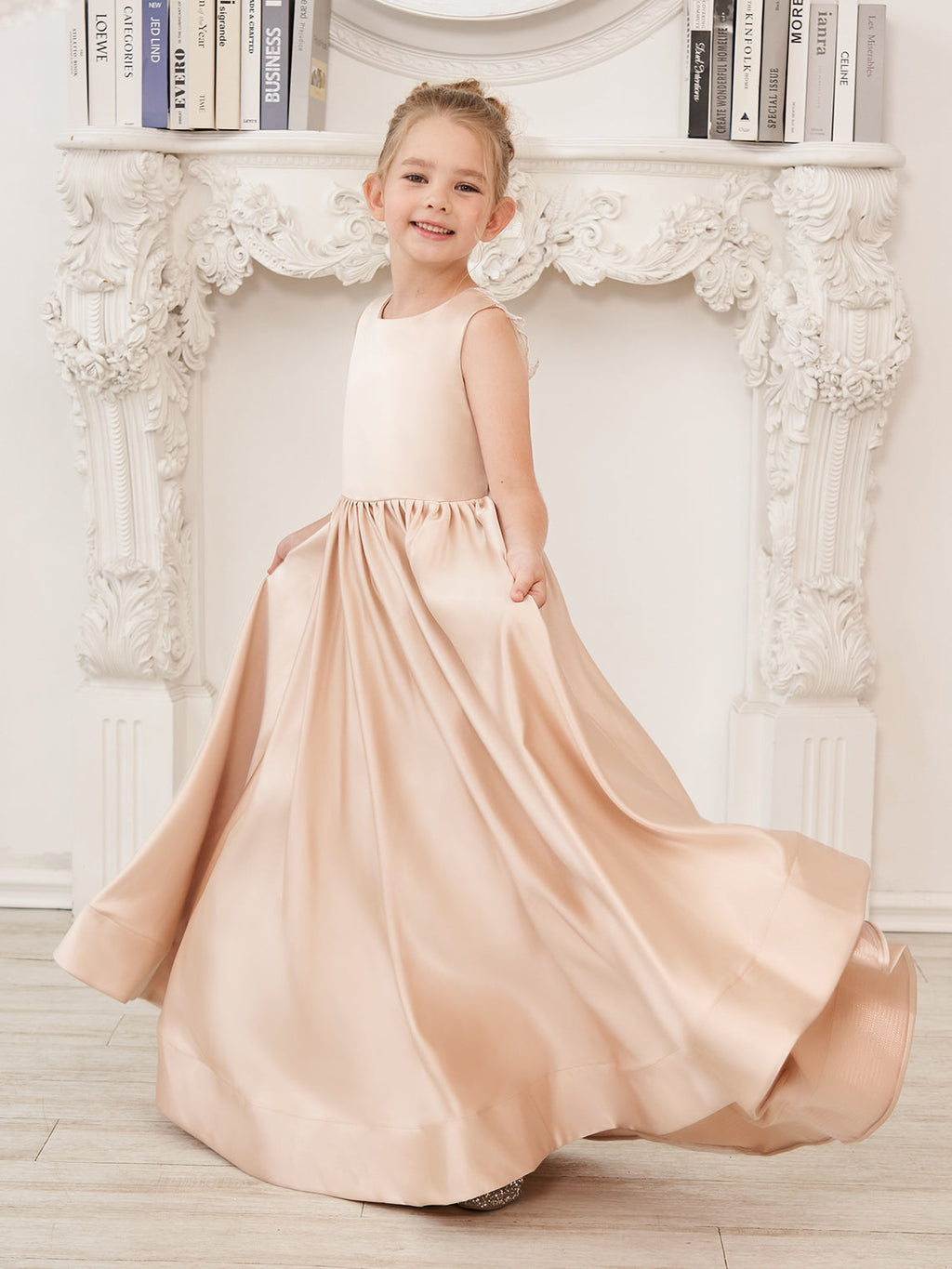 A-Linie Spitze Satin Bodenlang Blumenmädchenkleid 