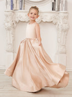 A-Linie Spitze Satin Bodenlang Blumenmädchenkleid 