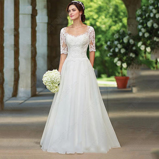 Lace Half Sleeves Wedding Dress For Bridal Illusion Appliques Buttons Back robe de mariée grande taille Custom Made-payinti